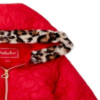 Девојки за фстаци со ватирана јакна со пуфер со трим со крзно од леопард, големини 4-6x