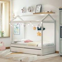 Куќа за кревет со Trundle, Aukfa DIY украсена платформа за кревет со дрвени летви, душек основа за деца, тинејџери,