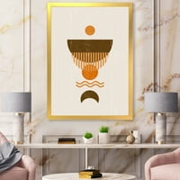 DesignArt 'Апстрактна минимална кафеава месечина и портокалово сонце' модерен врамен уметнички принт