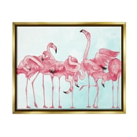 Задебелување розово розово фламинго стадо животни и инсекти кои сликаат златен пловиј врамен уметнички печатен