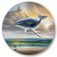 DesignArt 'Кит што лебди на небото над плажата „Детски уметнички круг метална wallидна уметност“ - диск од