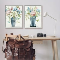 Земја градина букети чизми за дожд ботаничка и цветна графичка уметност сива врамена уметничка печатена wallидна