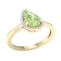 Империјал скапоцен камен 10К жолта златна круша исечена зелена аметист КТ два дијамантски ореол женски прстен