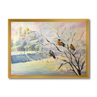 DesignArt 'Рустикални птици кои седат на дрво во зимското село' Фарма куќа врамена уметничка печатење