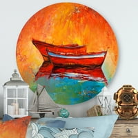 Дизајн Две црвени чамци за време на зајдисонцето во езерото 'Наутички и крајбрежен круг метална wallидна уметност