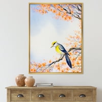 Прекрасна сина птица што седи на цветни гранки II врамени сликарски платно уметнички принт