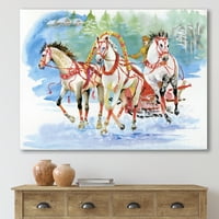 DesignArt 'Превоз во снегот со галопинг коњи на фармата куќа на платно wallидови за печатење на wallидови
