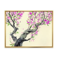 Дизајн Јапонското дрво со виолетови цвеќиња на 'традиционално врамено платно wallидно печатење