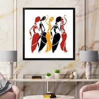 DesignArt 'Убави црвени црвени и жолти танчери афро американски силуети' модерни врамени уметнички печати