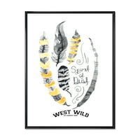 DesignArt 'Yellowолти етнички плими пердуви на бело' Боемјан и еклектично врамено платно wallидна уметност