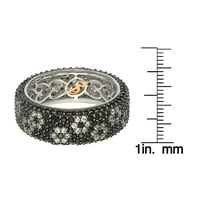 Стерлинг сребрена кубна цирконија бела и црна цветна цветна вечна лента прстен