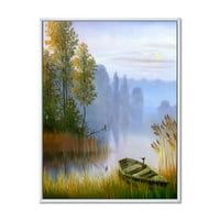 Банката на езерото со чамецот врамено сликарско платно уметничко печатење