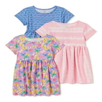 Чудо нација бебе и дете девојки органски памук со кратки ракави со кратки ракави плетени фустани со џебови,